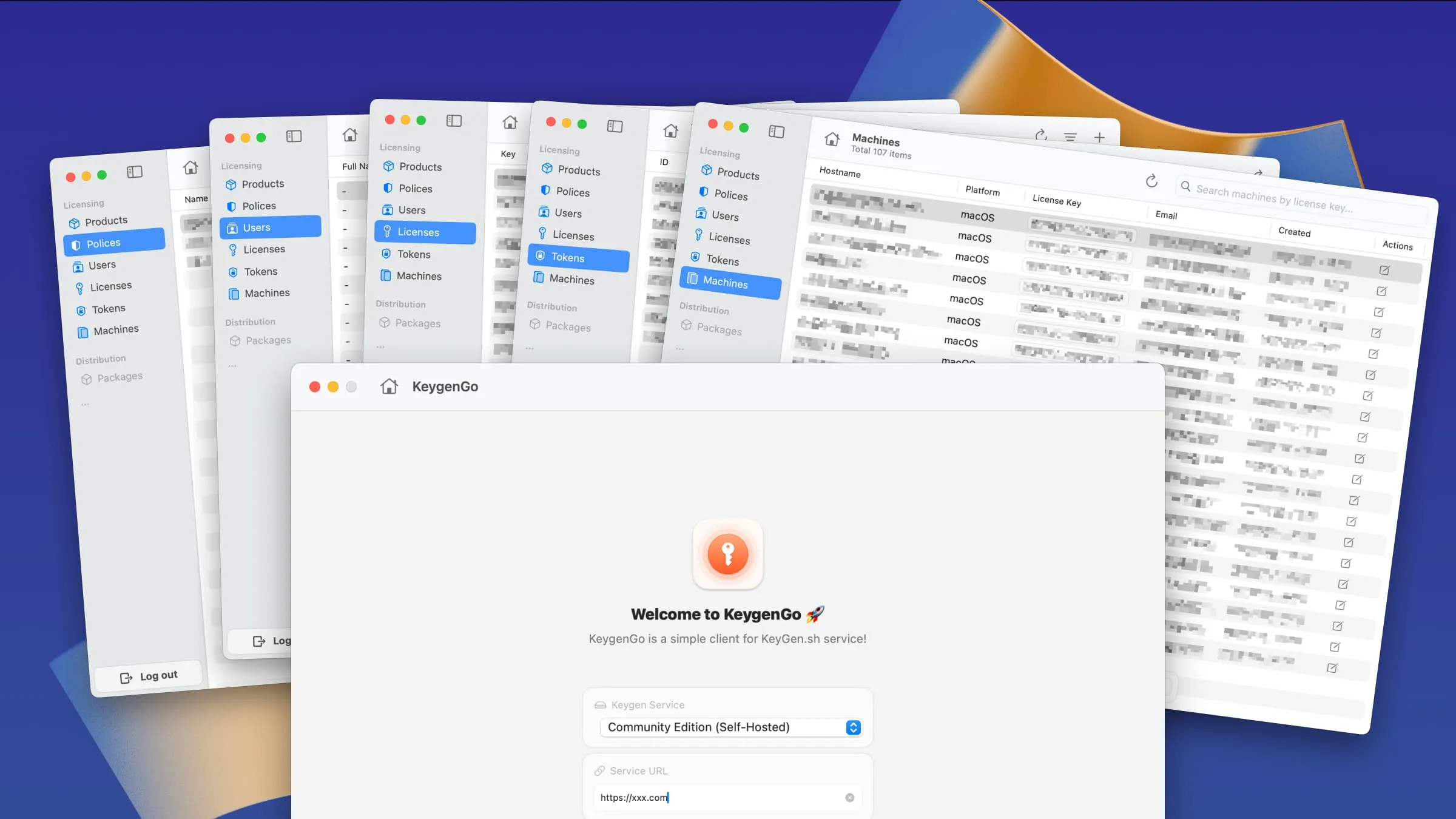 KeygenGo windows showing products, policies, users, licenses, tokens, and machines on macOS